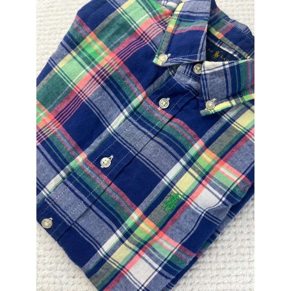 Ralph Lauren Boys Size 7 Plaid Short Sleeve Button Down Shirt Blue Green Orange
